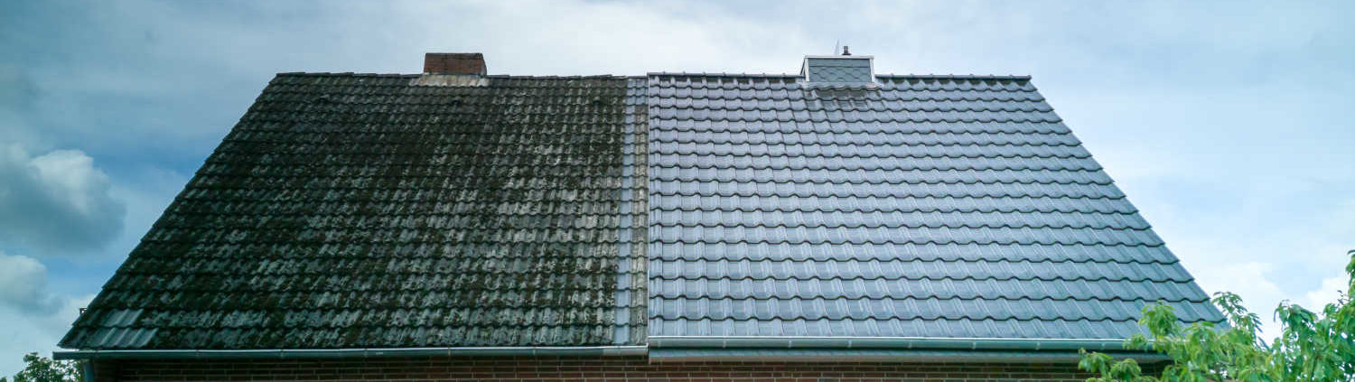 A half cleaned house roof shows the before and after effect of a roof cleaning.